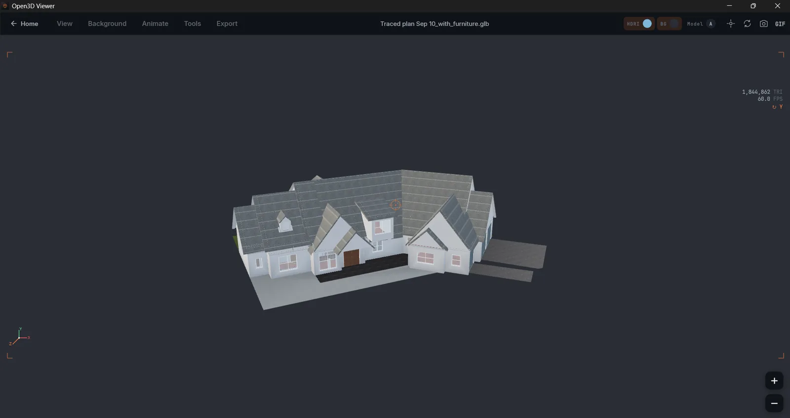 Open3D Viewer for Windows showing a house model with 1,844,862 triangles at 60 fps
